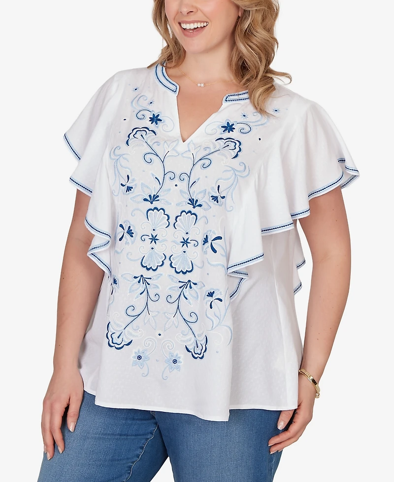 Ruby Rd. Plus Featherlight Embroidered Flutter Sleeve T-shirt