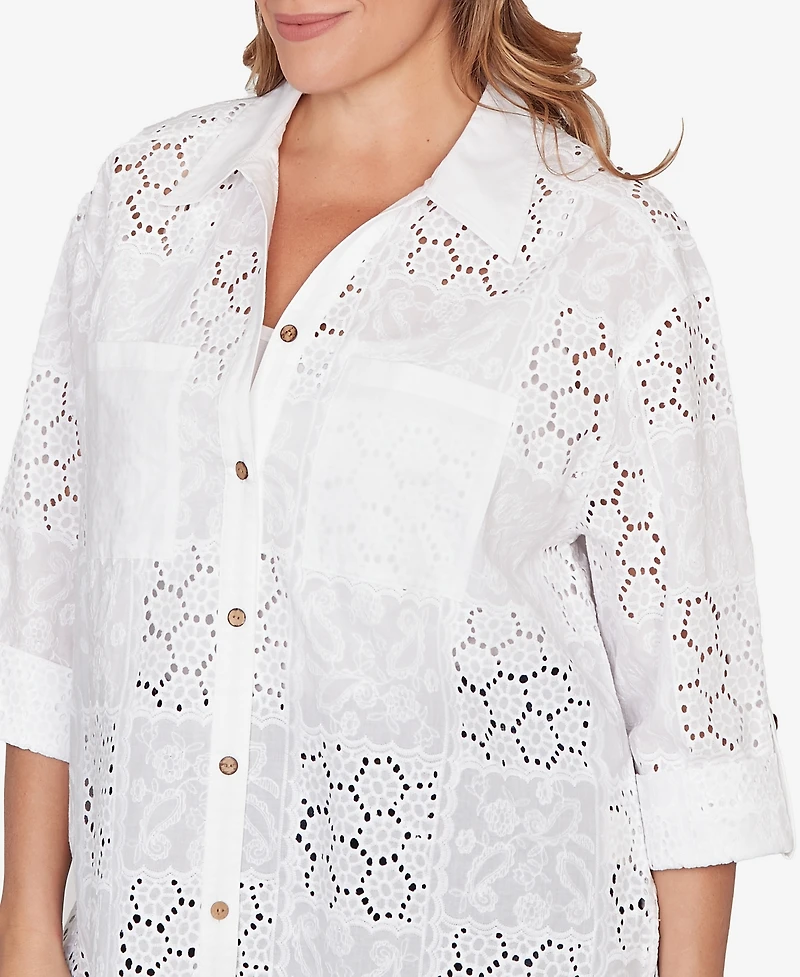 Ruby Rd. Plus Patchwork Eyelet Roll-Tab Sleeve Top