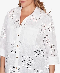 Ruby Rd. Plus Patchwork Eyelet Roll-Tab Sleeve Top