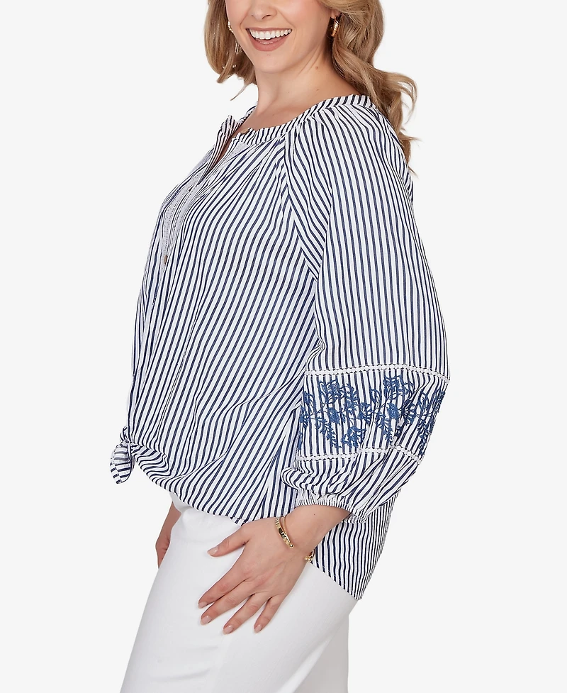 Ruby Rd. Plus Embroidered Seersucker Tie-Front Henley Top