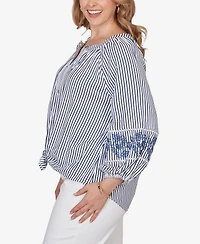 Ruby Rd. Plus Embroidered Seersucker Tie-Front Henley Top