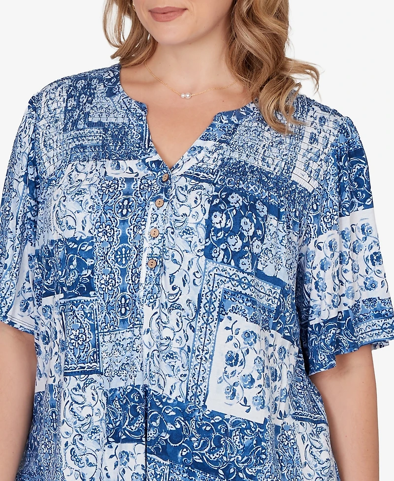 Ruby Rd. Plus Patchwork Bandana Henley T-Shirt