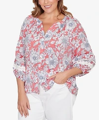 Ruby Rd. Plus Floral Silky Gauze Peasant Button Front Top