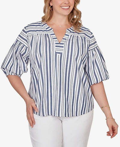 Ruby Rd. Plus Striped Cotton Poplin Elastic Cuff Top