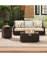Sugift 2-Piece Outdoor Rattan Fire Table Set 32 Inch Rectangle Gas Firepit with Tank Cover