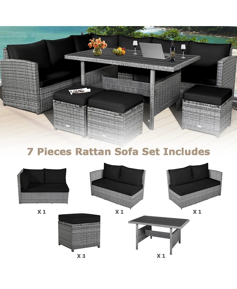 Gymax 7PCS Rattan Patio Sectional Sofa Set Conversation Set w/ Cushions