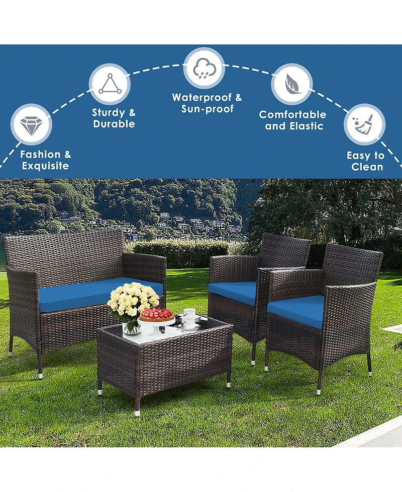 Gymax Set of Outdoor Patio Rattan Conversation Furniture Set w/ Cushion Table