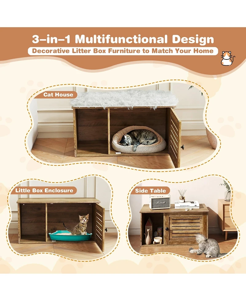 Gymax Cat Litter Box Enclosure w/ Winding Entry Louvered Door Wooden Pet Side Table