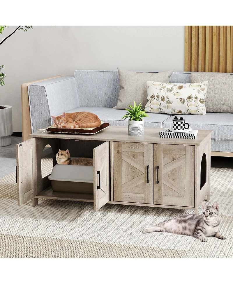 Gymax Cat Litter Box Enclosure for 2 Cats w/ Double Rooms Wooden Washroom Cabinet