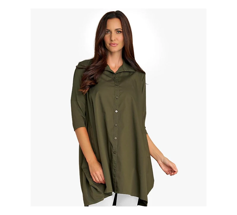 Stella Carakasi Women's 3/4 Sleeve Button-Front Cotton Poplin And Jersey Shirt Top Tiburon Tunic Icon