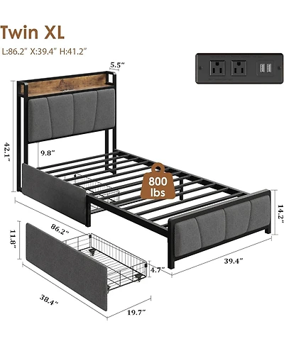 gaomon Bed Frame with 2 Drawers Charging Station Rustic Linen Upholstered No Box Spring Needed