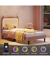 gaomon Twin Upholstered Led Bed Frame with Cat Headboard, Velvet Platform Bed Frame for Kids, Sturdy Slats