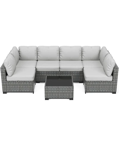 gaomon 7-Piece Wicker Patio Sofa Set Pe Rattan Conversation Sectional with Cushions Glass Table