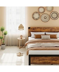 gaomon Platform Bed Frame with Wooden Headboard, Under-Bed Storage, Metal Legs, Noise-Free, No Box Spring, Easy Assembly