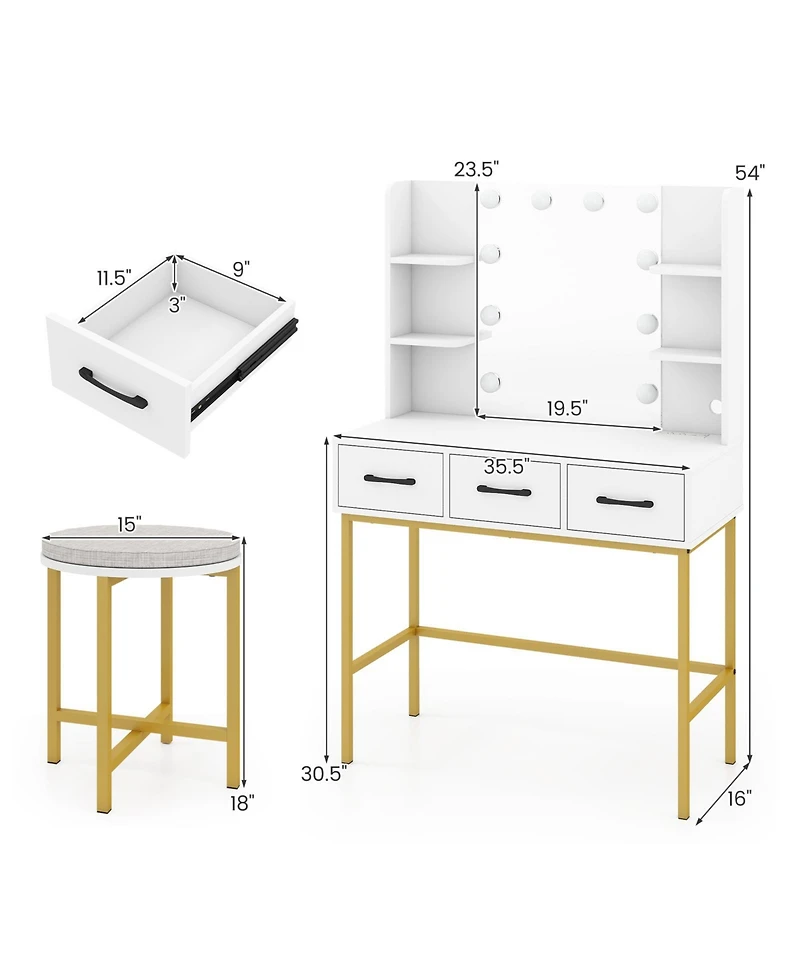 Sugift Vanity Desk with Mirror Lights and Cushioned Stool Set