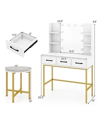 Sugift Vanity Desk with Mirror Lights and Cushioned Stool Set