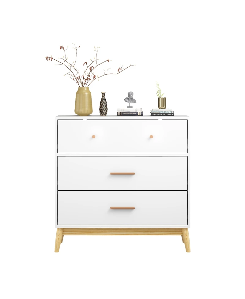 Rainsken Nordic Style 3-Drawer Dresser, Modern Chest of Drawers with Handles and Solid Wood Base, Organizer for Bedroom