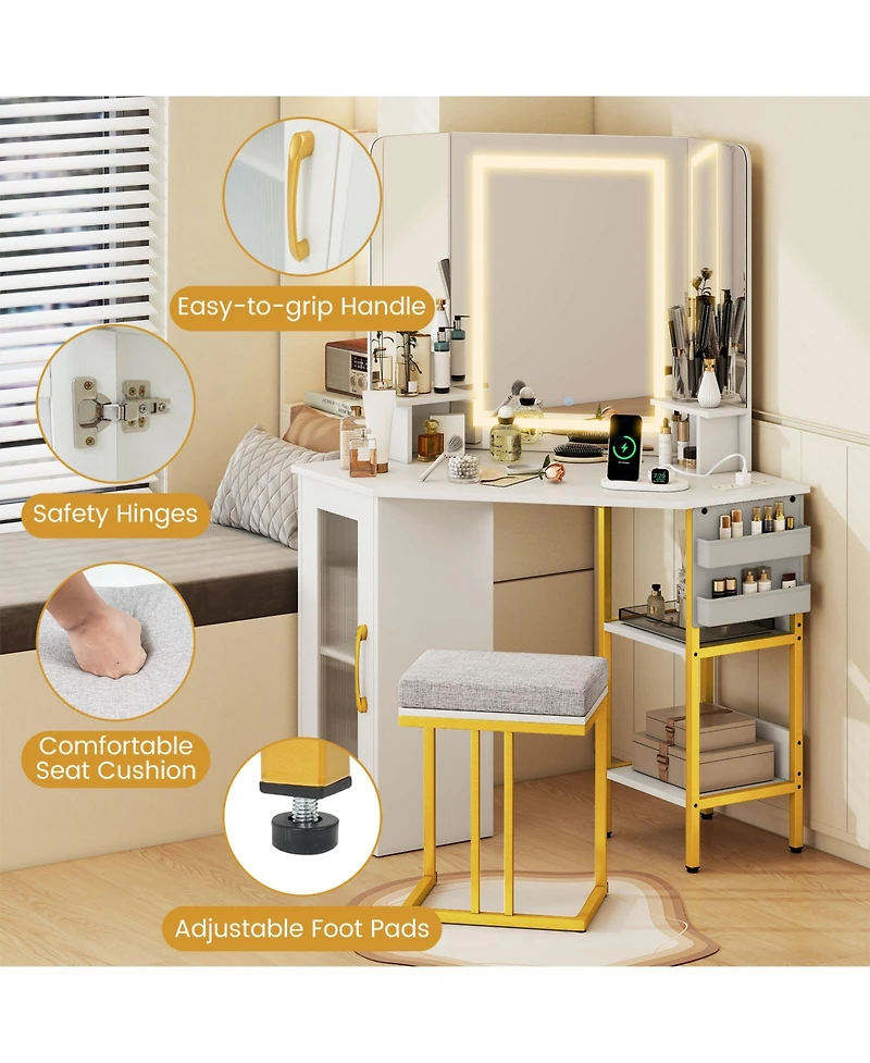 Sugift Corner Vanity Desk with Triple Mirror and Lights
