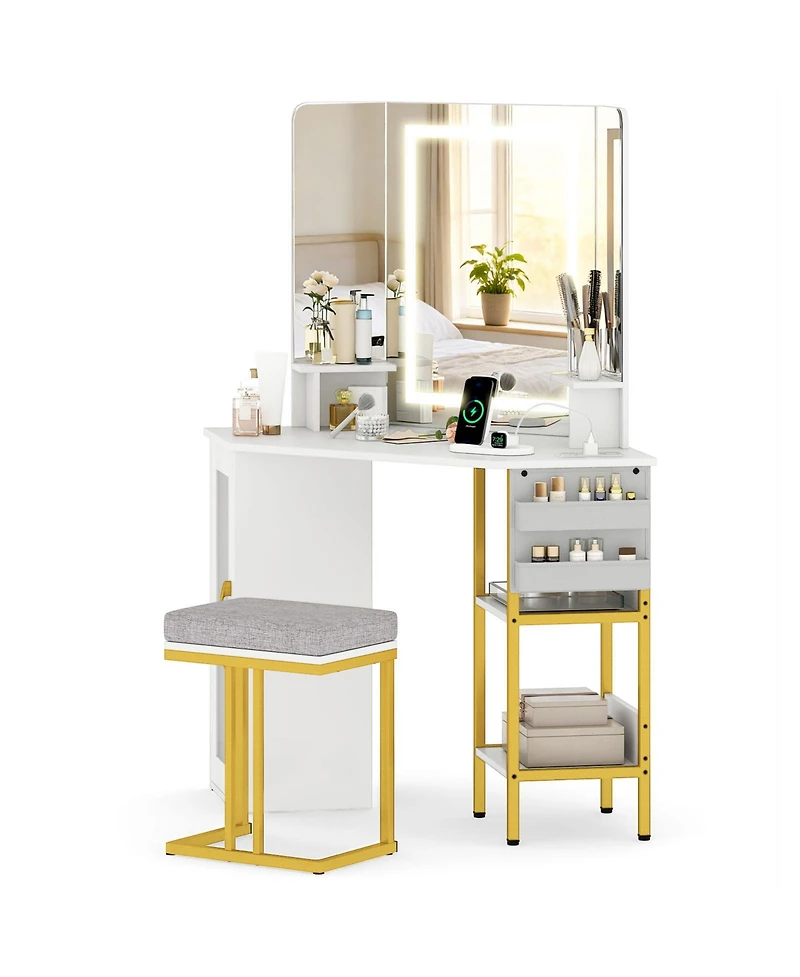 Sugift Corner Vanity Desk with Triple Mirror and Lights