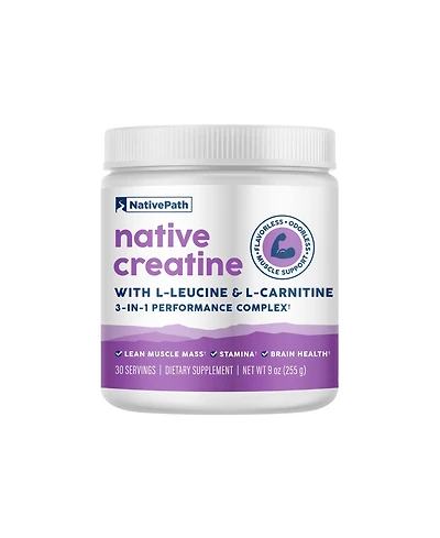 NativePath Creatine Monohydrate Powder with L-Leucine and L-Carnitine - Supports Muscle Health for Men and Women - 30 Servings