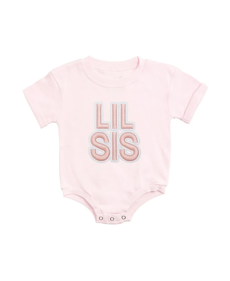 Sweet Wink Baby Girls Lil Sis Embroidered Patch Short Sleeve Romper