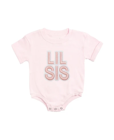 Sweet Wink Baby Girls Lil Sis Embroidered Patch Short Sleeve Romper