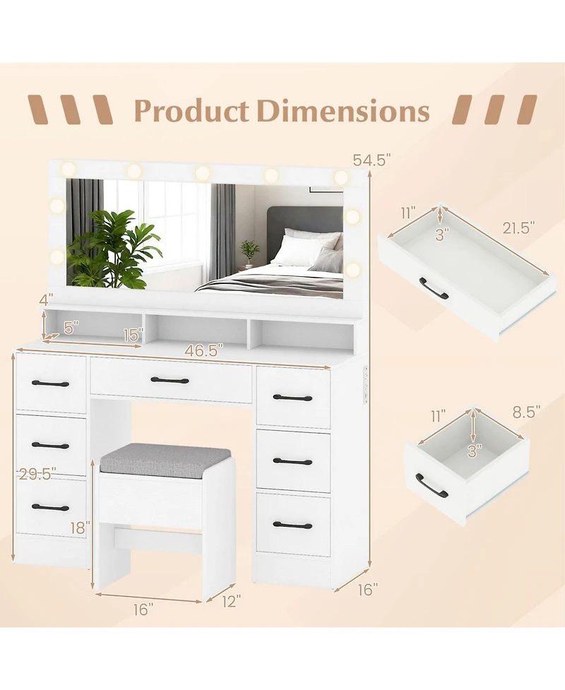 Sugift Vanity Desk with Mirror Lights and Power Outlets