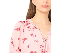 CeCe Women's Floral V-Neck Pintuck Blouse