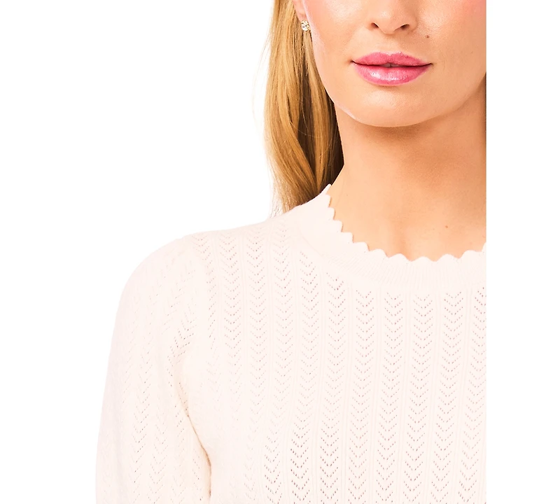 CeCe Women's Crew Neck Pointelle Sweater