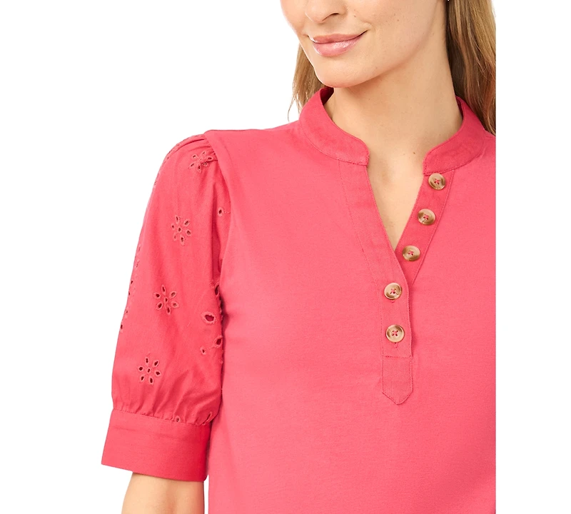 CeCe Women's Henley Puff-Sleeve Cotton Top