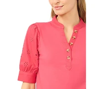 CeCe Women's Henley Puff-Sleeve Cotton Top
