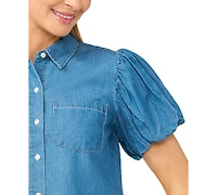 CeCe Women's Collared Puff-Sleeve Button-Up Cotton Top
