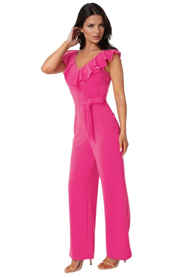 Bebe Womens V-Neck Ruffle Scuba Crepe Jumpsuit