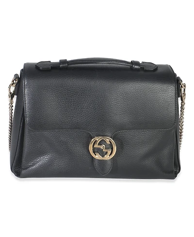 Pre-Owned Gucci Black Pebbled Calfskin Medium Interlocking G Flap Bag