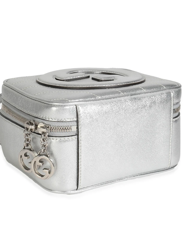 Pre-Owned Gucci Silver Metallic Sakai Be Green Calfskin Diagonal Stitched Blondie Top Hand