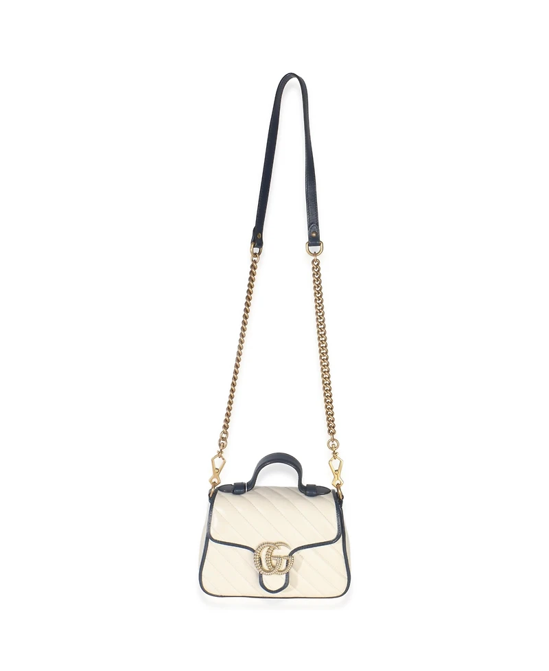 Pre-Owned Gucci Navy White Calfskin Matelasse Diagonal Torchon Mini Gg Marmont Top Handle
