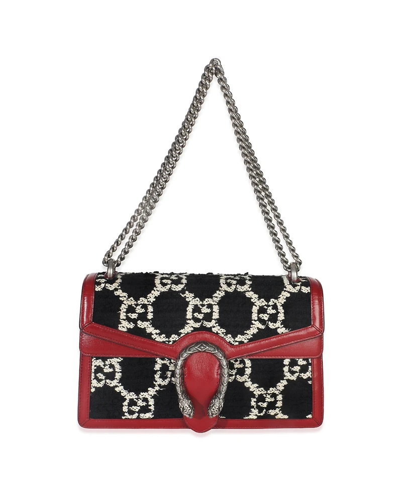 Pre-Owned Gucci Black White Red Tweed Gg Monogram Medium Dionysus Shoulder Bag