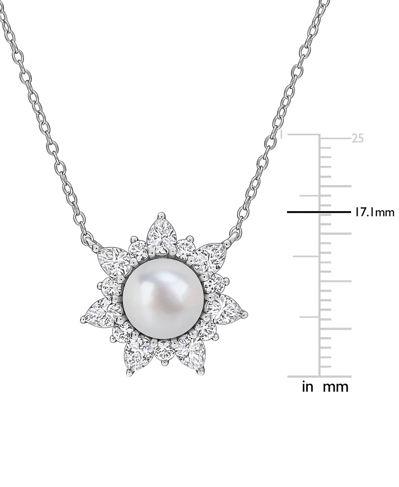Macy's Cultured Freshwater Pearl & Created White Sapphire (2 ct. t.w.) Pendant Necklace in Sterling Silver