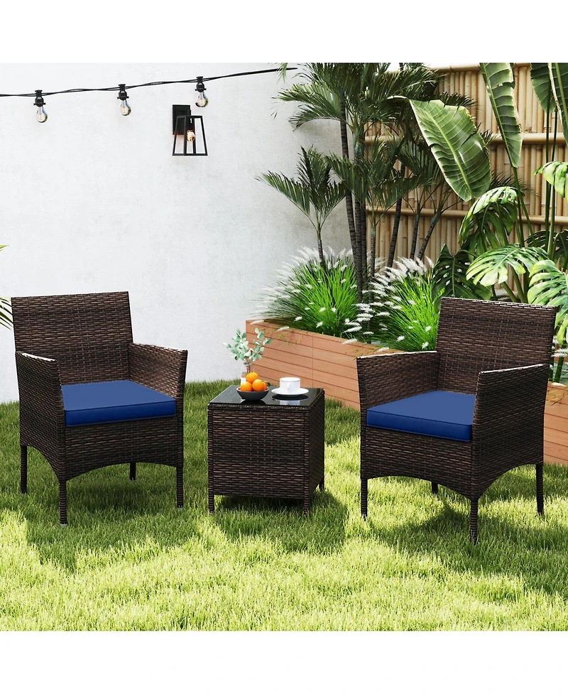 Gymax 3 Pcs Outdoor Conversation Set w/ Cushioned Seat and Tempered Glass Tabletop