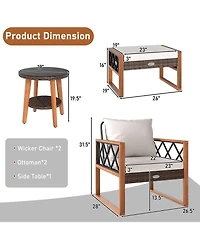 Gymax 5 Pcs Pe Rattan Conversation Set w/Acacia Wood Table Chairs w/Ottomans Outdoor