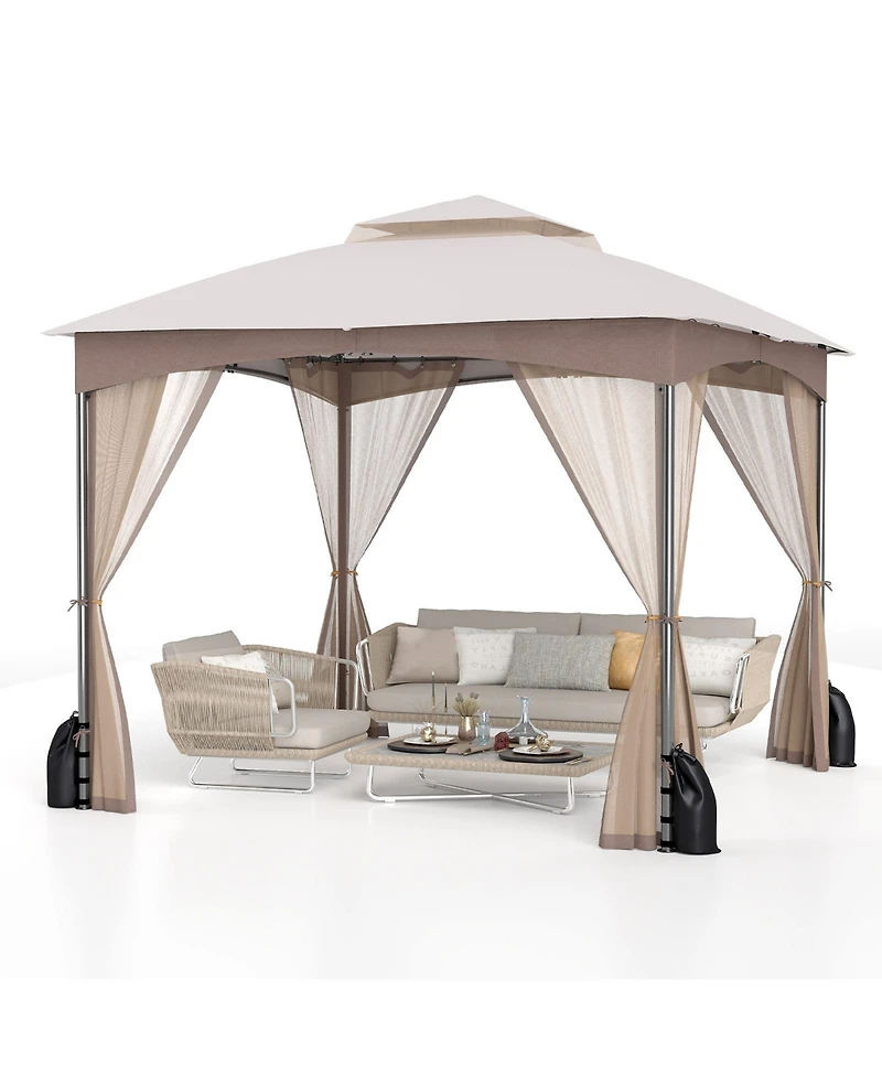 Gymax 10 X 10 Ft Patio Gazebo w/ Netting Walls Soft Top Double Roof Canopy w/ 4 Sandbags Outdoor