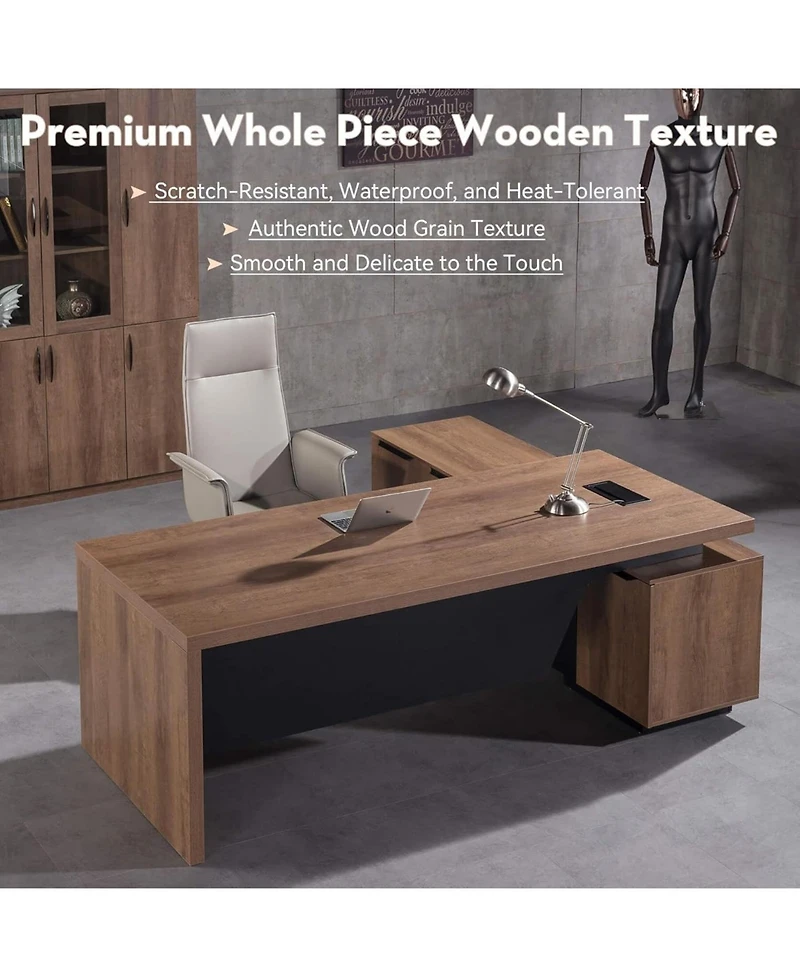 logicfox Retractable Office L-Shaped Desk with Drawers and Lateral File Cabinet