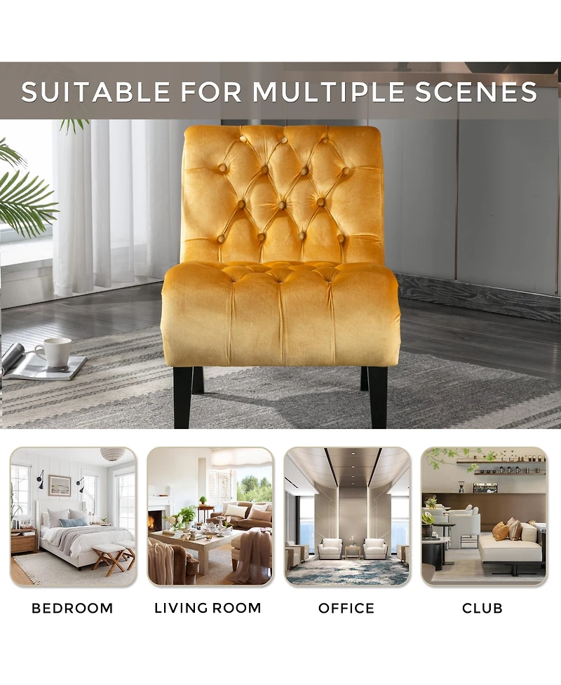 Rainsken Modern Velvet Accent Chair, Upholstered Fabric Button Reading Chaise with Tufted Back, Wooden Legs and Rolled Edge Design for Living Room