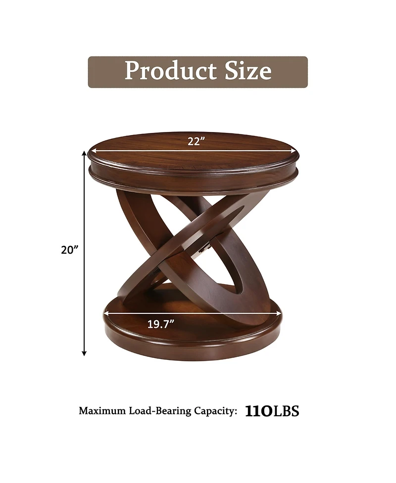 Rainsken X-shape Base Coffee Table - 22" Retro Round Wooden End Table for Living Room, Small Space