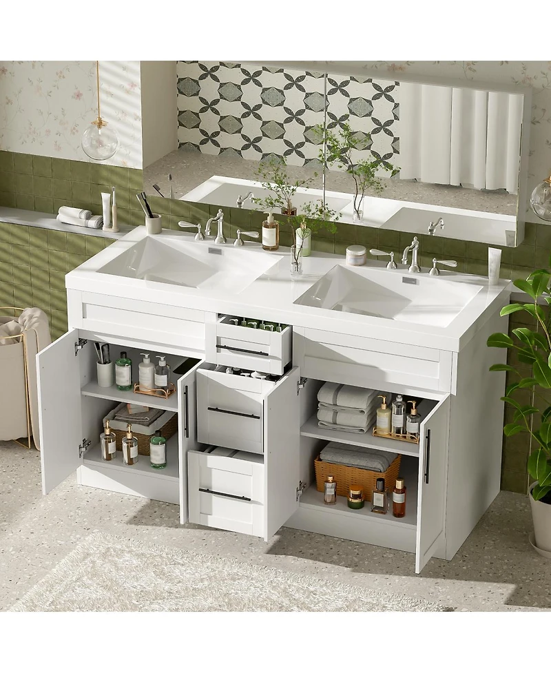 Sillysis 59.3" Double Sink Bathroom Vanity with Smc Integrated Basin, Soft Close Drawers & Adjustable Shelf for Large Bathrooms