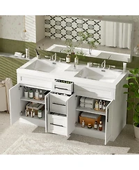Sillysis 59.3" Double Sink Bathroom Vanity with Smc Integrated Basin, Soft Close Drawers & Adjustable Shelf for Large Bathrooms