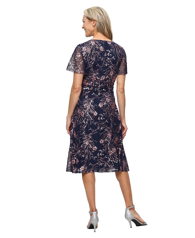 Sl Fashions Petite V-Neck Floral Sequin A-Line Dress