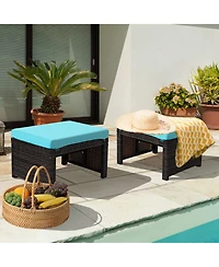 Gymax Set of 2 Rattan Ottoman Footrest Footstool Patio Furniture w/ White Cushion