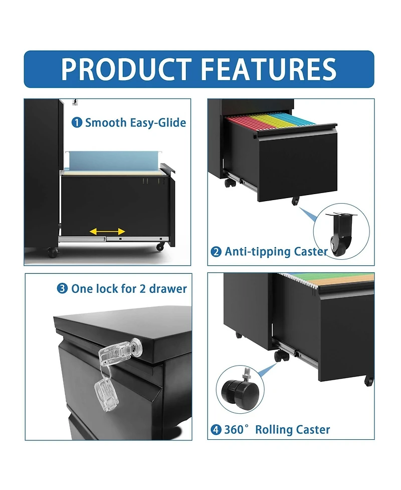Rainsken 2 Drawer File Cabinet with Lock, Under Desk Rolling Filing Cabinet with Wheels for Home Office Storage