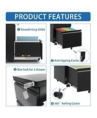 Rainsken 2 Drawer File Cabinet with Lock, Under Desk Rolling Filing Cabinet with Wheels for Home Office Storage
